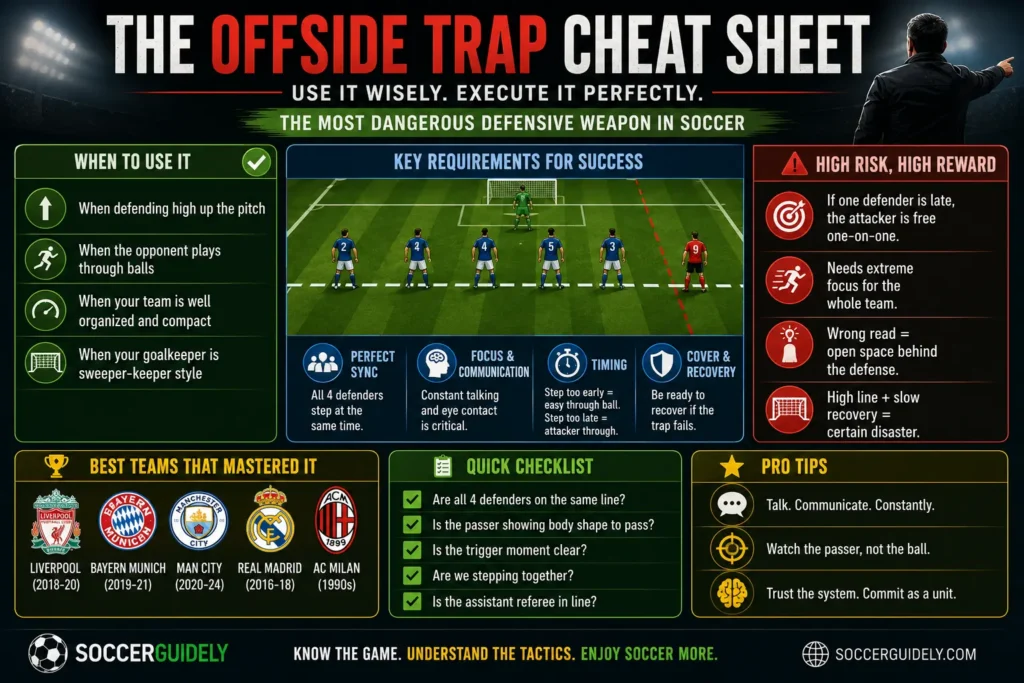 Illustration of a coordinated offside trap during a free kick, referencing the 2022 World Cup