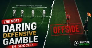 Defensive line stepping forward together to spring the offside trap in soccer
