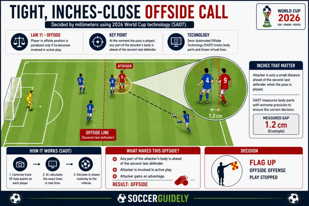 Diagram showing a tight, inches-close offside call reviewed by 2026 World Cup technology