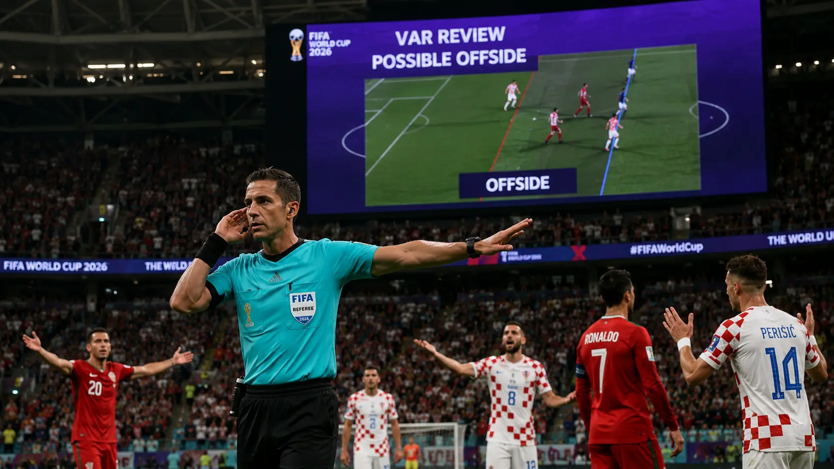 Referee signaling a VAR offside review at the 2026 World Cup with stadium screen showing the decision