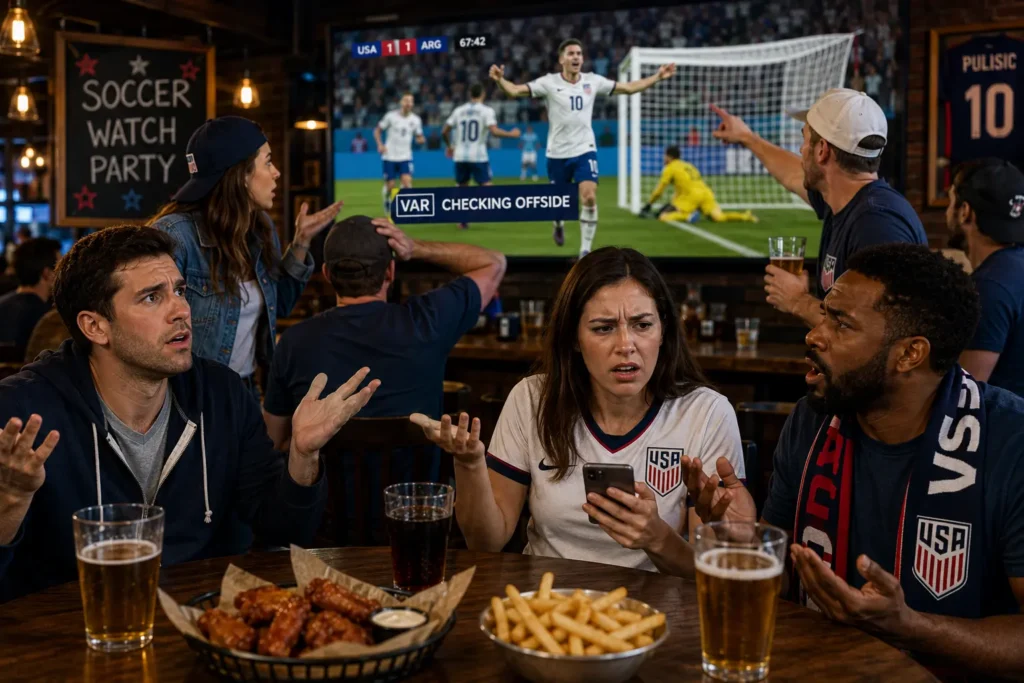 American soccer fans confused by an offside call during a World Cup watch party