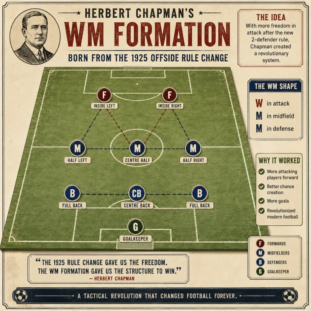 Diagram of Herbert Chapman's WM formation created after the 1925 soccer offside rule change