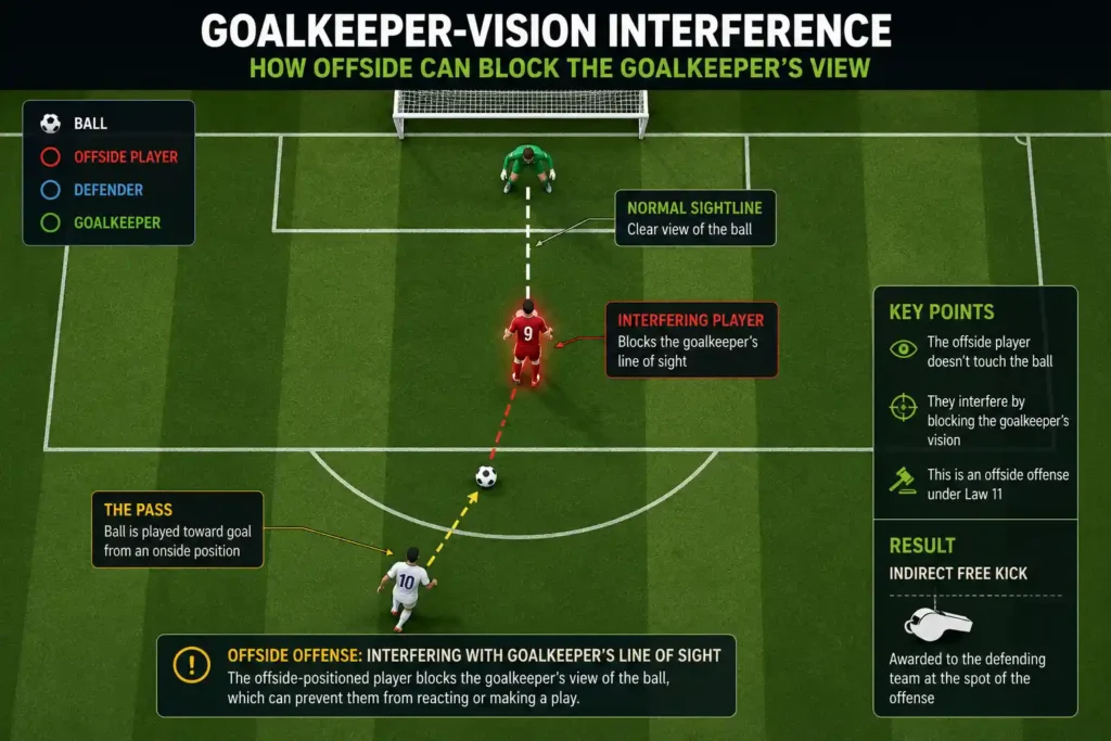 Diagram showing a goalkeeper-vision interference call in one of the most controversial offside decisions