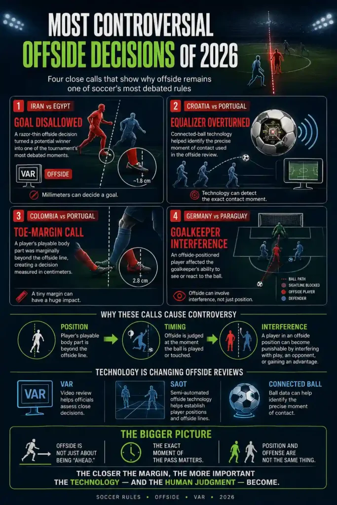 Infographic summarizing the most controversial offside decisions of the 2026 World Cup