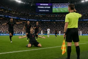 Players celebrating a goal moments before a controversial offside VAR review overturns it
