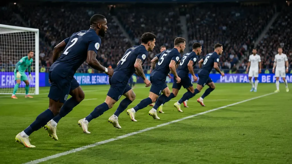 Defensive back line executing offside tactics by stepping forward together in a soccer match