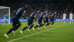 Defensive back line executing offside tactics by stepping forward together in a soccer match