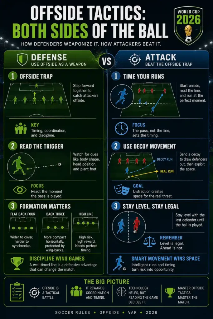 Infographic summarizing offside tactics used by both defenses and attackers in soccer