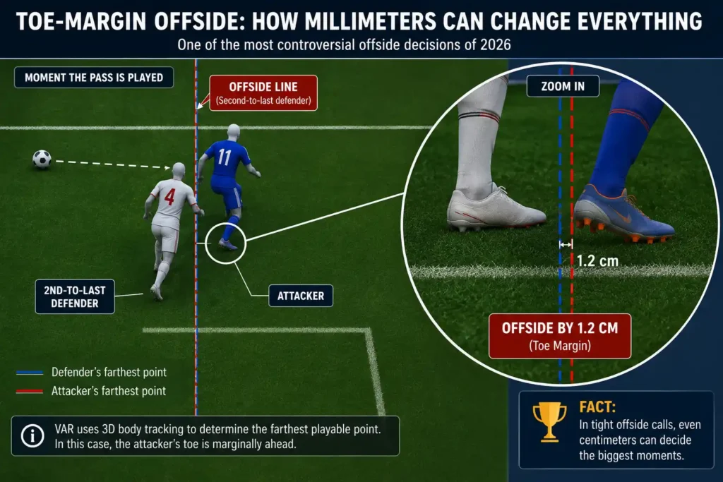 Diagram illustrating one of the most controversial offside decisions decided by a toe-margin call