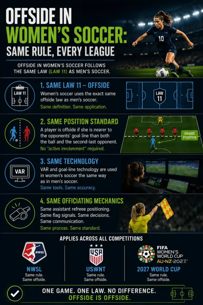 Infographic confirming offside in women's soccer follows the same rule as men's soccer across NWSL and USWNT