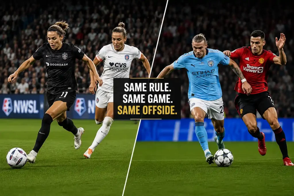 Professional women's soccer match illustrating that offside in women's soccer follows the same rule as men's soccer