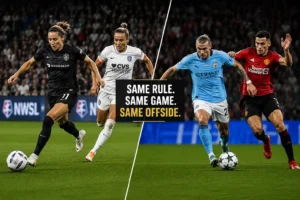 Professional women's soccer match illustrating that offside in women's soccer follows the same rule as men's soccer