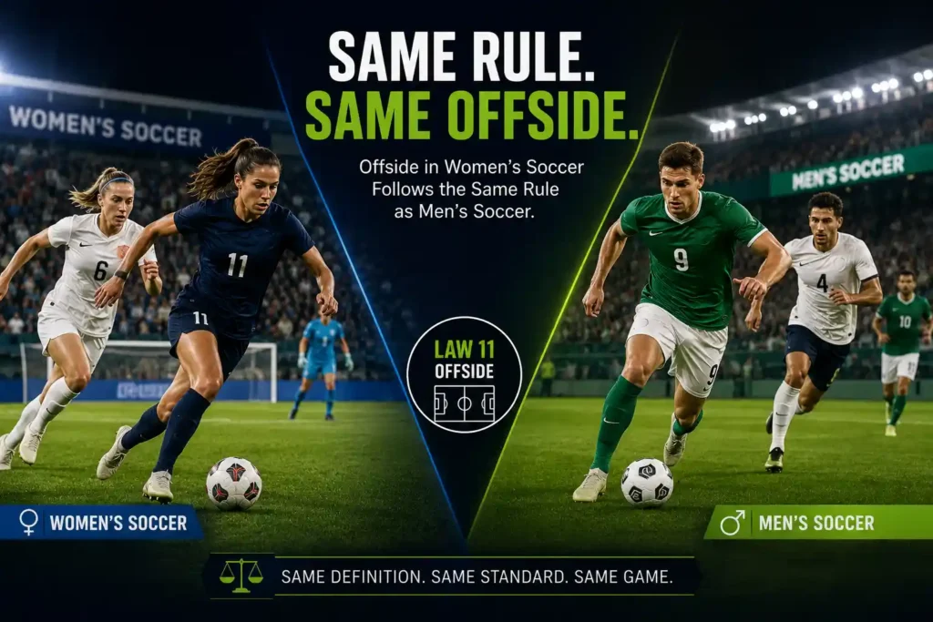 Comparison diagram showing offside in women's soccer is identical to men's soccer under Law 11