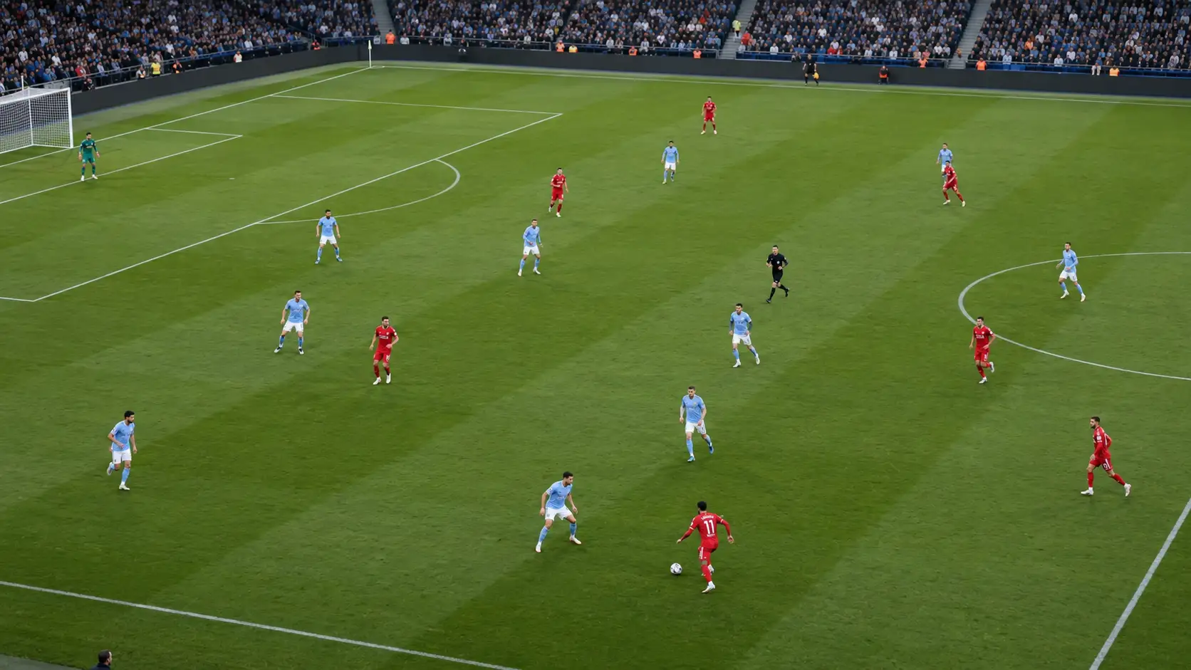 Soccer players organized across the field in a team formation