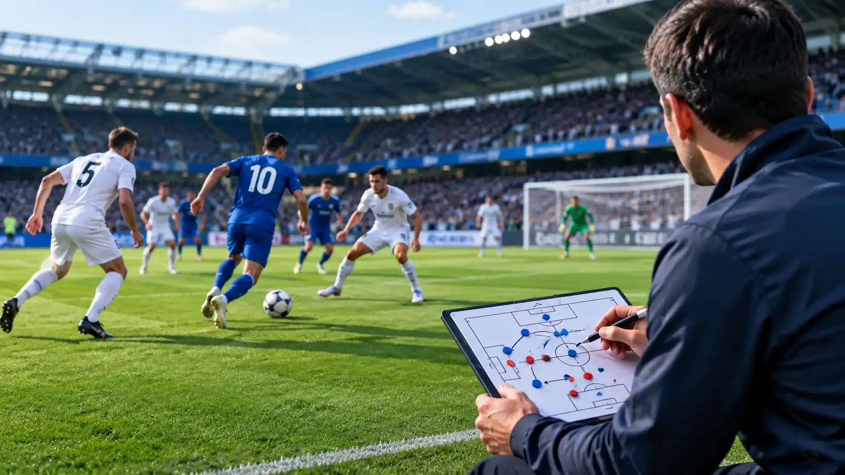 Coach analyzing soccer tactics during a match
