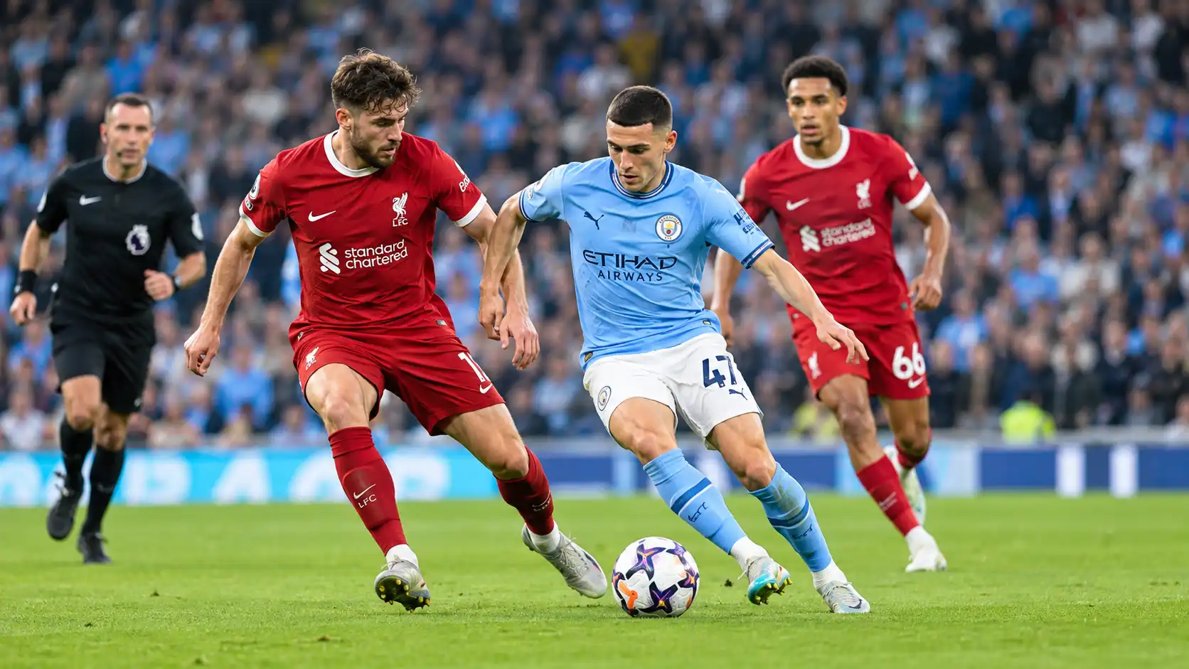 Soccer players competing during an active match