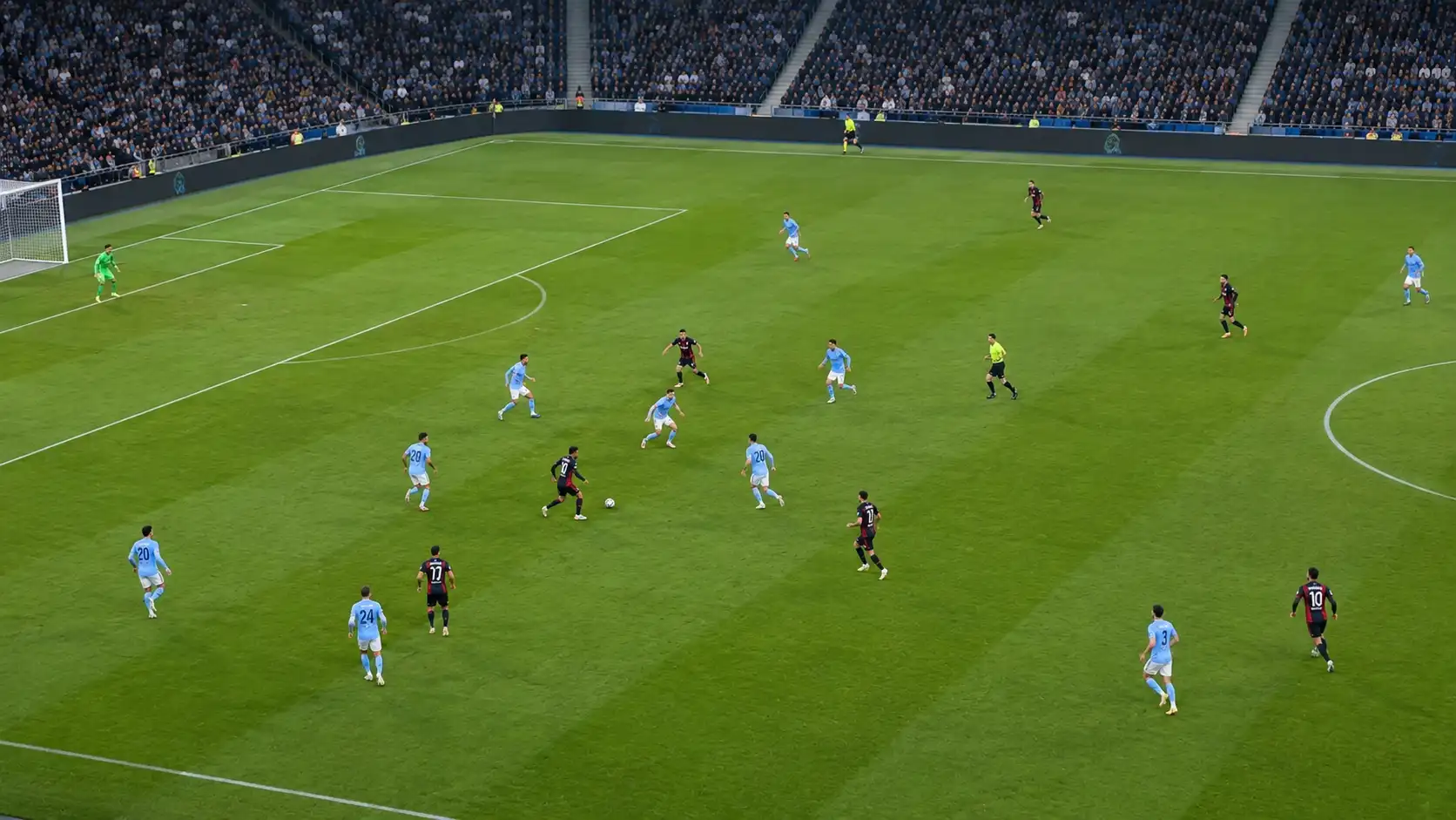 Soccer players using coordinated tactics during a competitive match