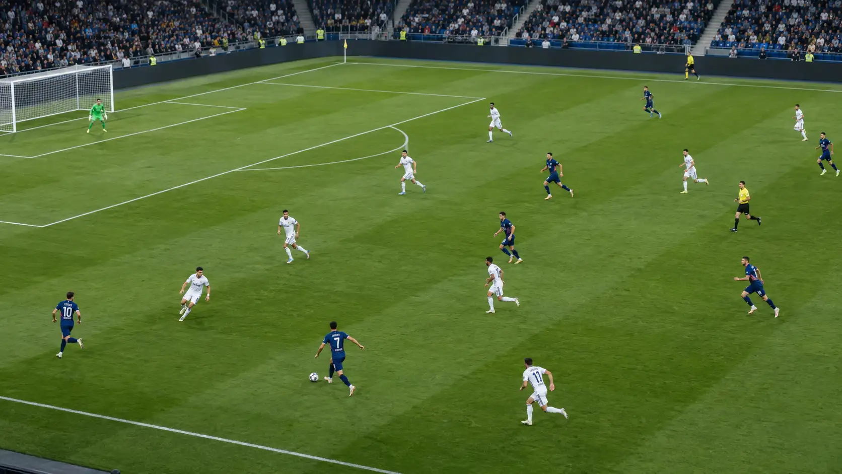 Soccer players positioned across different areas of the field during a match